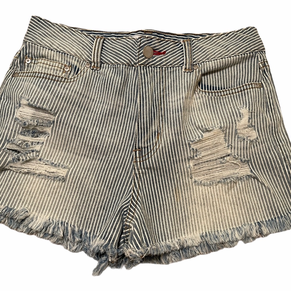 Ivy & Main Blue White Striped Jean Shorts Cutoff Bootie Railroad Distressed Sz 5